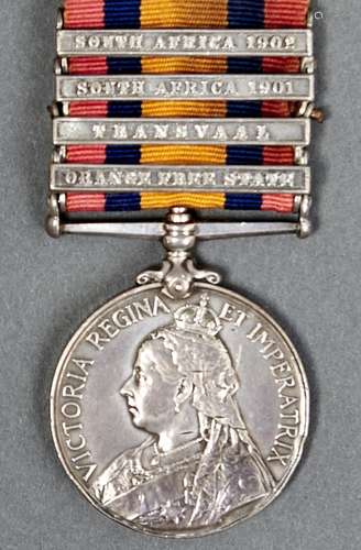 Campaign medal. Queen's South Africa Medal, four clasps, ora...