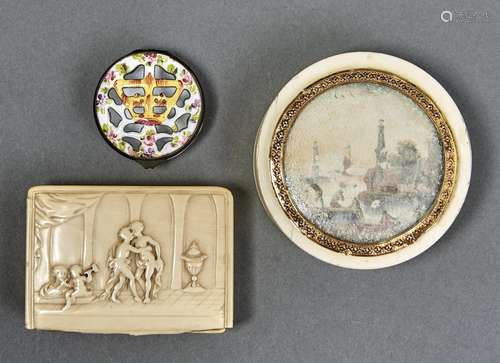 A French enamelled box, 19th c, the lid pierced with a crown...