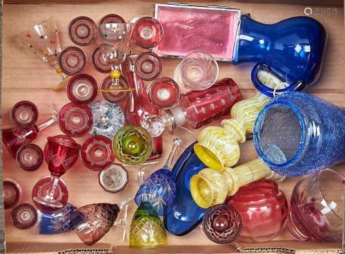 Miscellaneous coloured glassware, to include two yellow and ...