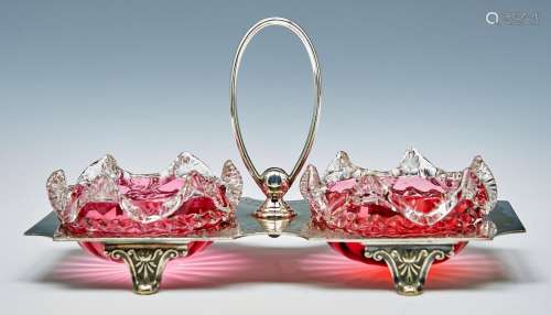 A Victorian EPNS stand and pair of cranberry glass dishes, w...