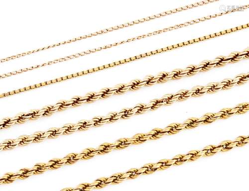 Four gold necklets, various lengths, variously marked, 13.4g...