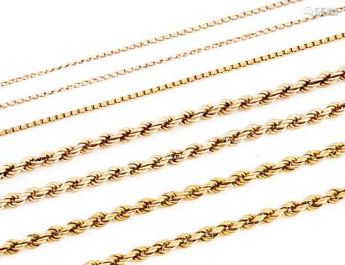 Four gold necklets, various lengths, variously marked, 13.4g...