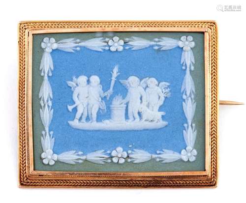 A Wedgwood three colour Jasper plaque, late 19th c, sprigged...