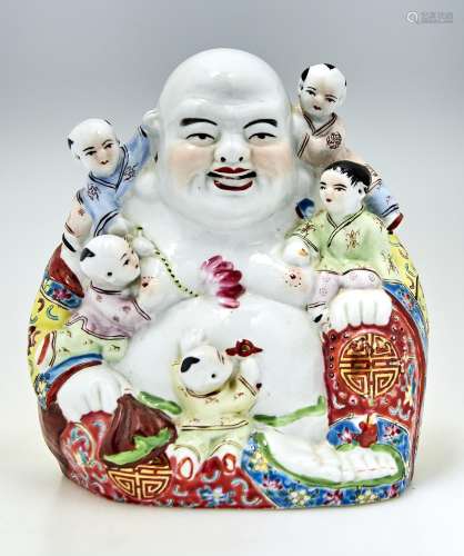 A Chinese famille rose figure of Budai, 20th c, with colourf...