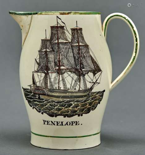 A creamware jug, Liverpool printed, c1780-1800, with a ship ...