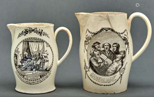 Two creamware jugs, c1780-1800, printed in black with glee s...