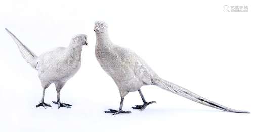 A pair of Elizabeth II cast silver cock and hen pheasant tab...