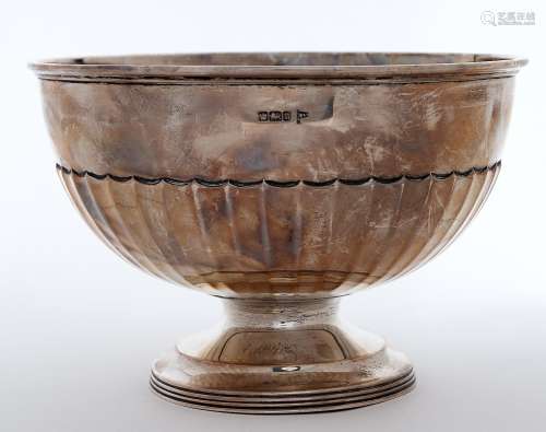 A George V silver rose bowl of fluted hemispherical form, on...
