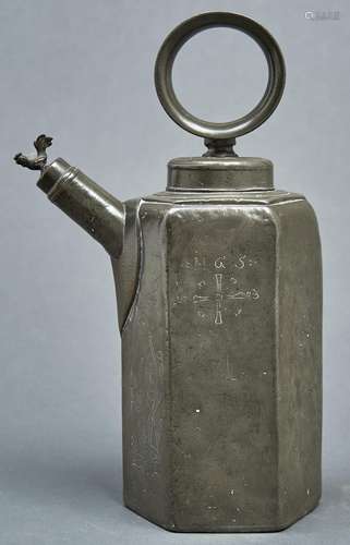 A Swiss pewter wine can, Prismekanne, dated 1743, of hexagon...