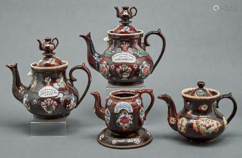 Three Bargeware teapots and covers, one other and a teapot s...