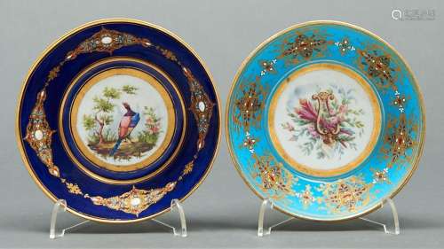 Two French jewelled porcelain cabinet saucers, late 19th c, ...