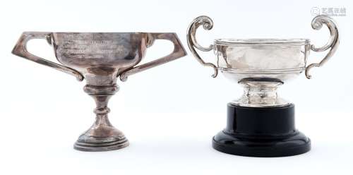 An Edward VIII silver trophy cup with flying scroll handles,...