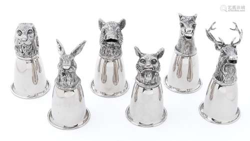 Hunting interest. A set of six EPNS stirrup cups in the form...