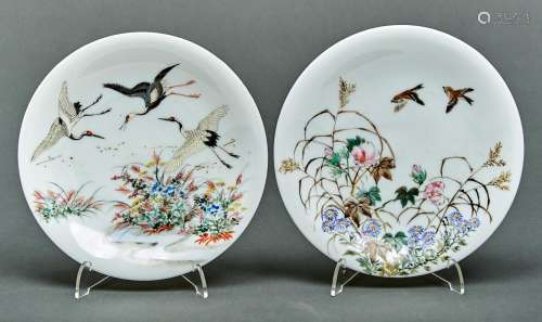 A pair of Japanese milk glass dishes, enamelled with birds a...