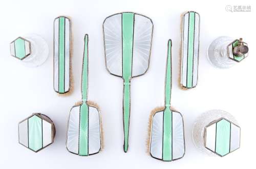An art deco silver and green guilloche enamel brush set, by ...