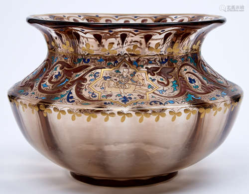 A Galle orientalist enamelled glass bowl, c1880, decorated a...