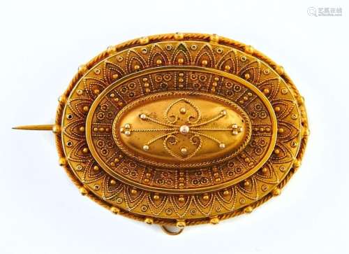 A Victorian gold brooch, c1870, with applied filigree decora...