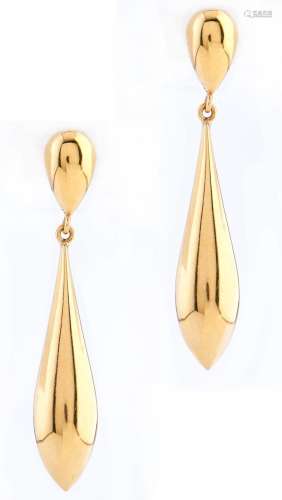 A pair of 18ct gold earrings with larger slender drop, 50mm,...
