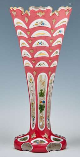 A Bohemian cased glass vase, c1860, of flared shape, overlai...