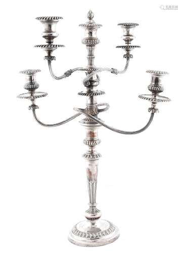 An old Sheffield plate gadrooned candelabrum of five lights,...