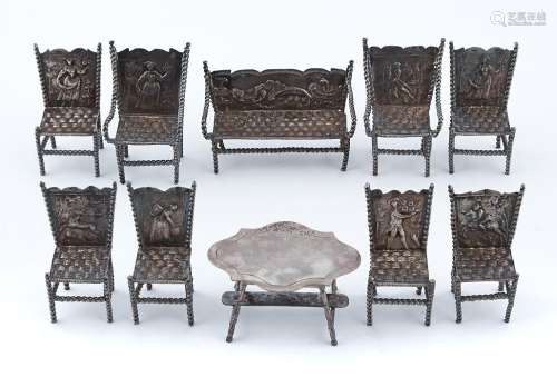 A suite of Dutch silver toy furniture, late 19th c, largest ...