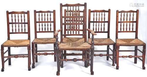 Six ash spindle back chairs including an elbow chair, late 1...