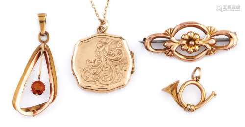 A gold locket and necklet, brooch, gem set pendant and Frenc...