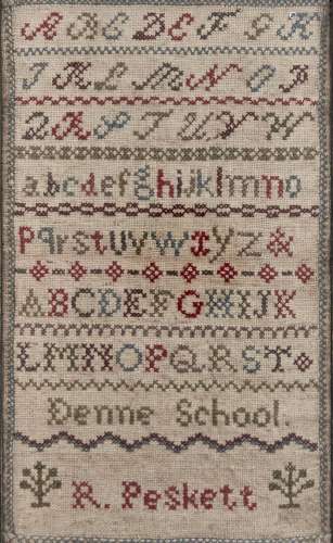 A linen sampler, early 19th c, worked by R Peskett Denne Sch...