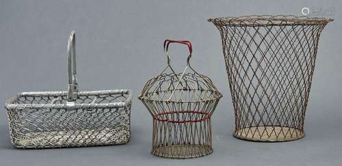 A French wire waste paper basket, a bottle basket and an egg...