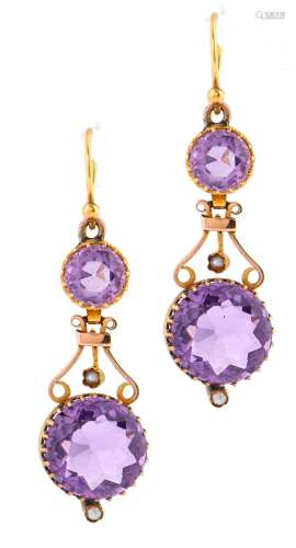 A pair of amethyst and split pearl earrings in gold, fully a...