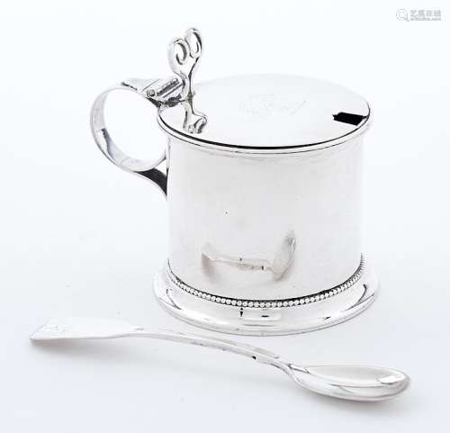 A Victorian silver drum mustard pot with ring handle, creste...