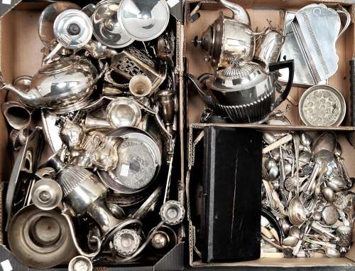 A quantity of plated flatware, to include teapots, vases, et...