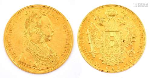 Gold coin. Austria Hungary four ducats, 1915 re-strike, 14g ...