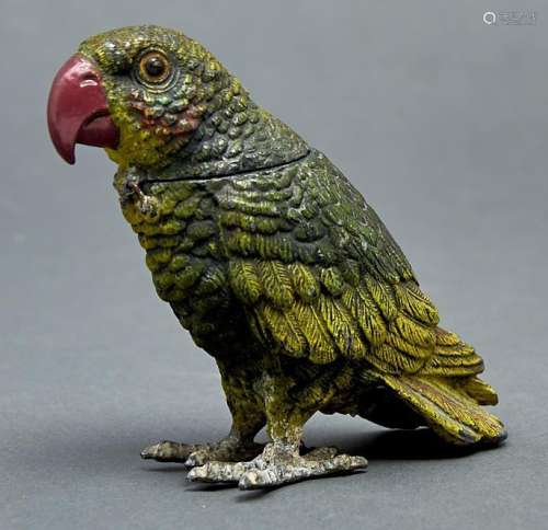 A cold painted spelter parrot novelty inkwell, early 20th c,...