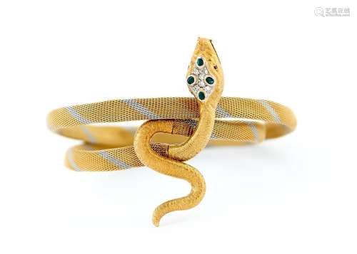 A jewelled gold and two colour gold mesh serpent bracelet, 2...