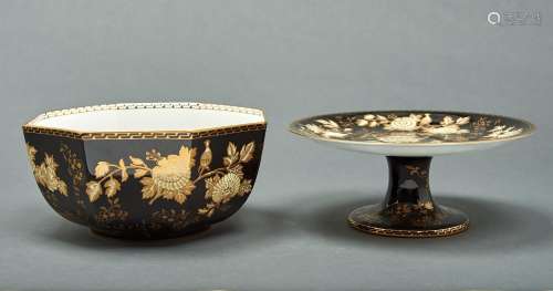 A Wedgwood octagonal bone china black Tonquin pattern bowl a...
