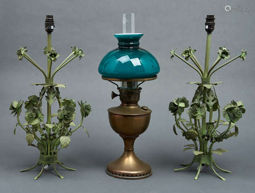 A Continental Famos brass oil lamp, with green cased white s...