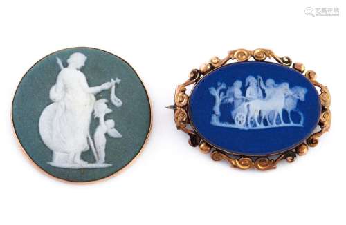 Two gold brooches set with Wedgwood Jasper ware cameos, late...