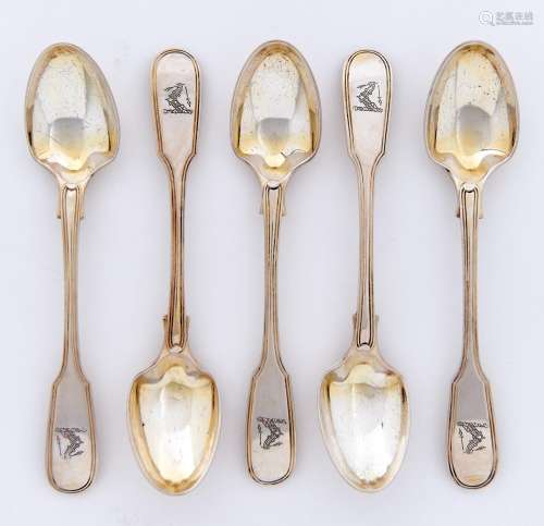 A set of five William IV silver gilt egg spoons, Fiddle and ...