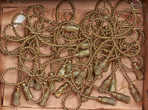 A set of fourteen brass knotted rope curtain ties, 32cm Good...