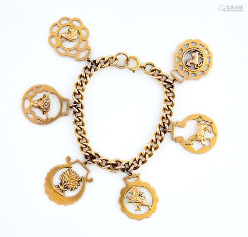 A 9ct gold bracelet mounted with six 9ct gold miniature hors...