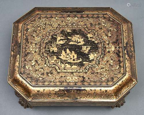 A Chinese black and gold lacquer games box, mid 19th c, rich...