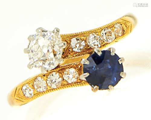 A sapphire and diamond crossover ring, early 20th c, the old...