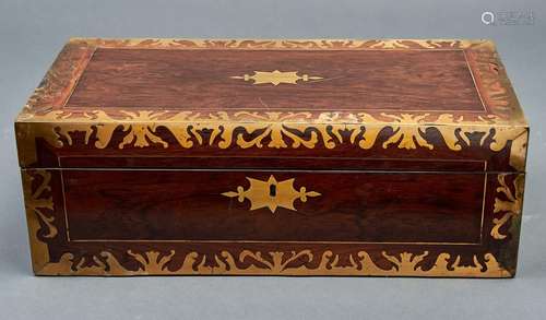 A Victorian brass inlaid rosewood writing box, mid 19th c, t...