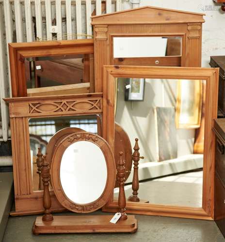 Five pine mirrors, to include a toilet mirror with oval plat...