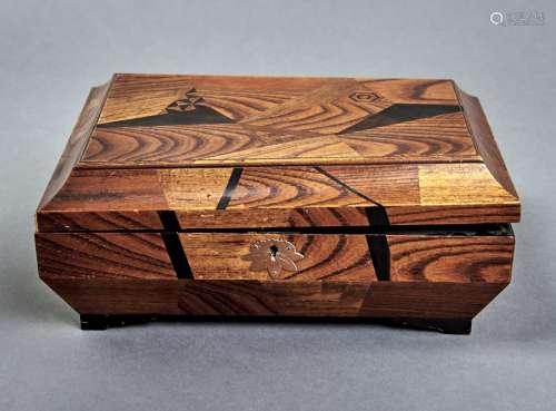A Japanese elm and parquetry box of shallow sarcophagus form...