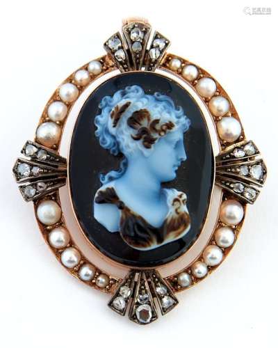 A rose cut diamond, split pearl and sardonyx cameo brooch-pe...