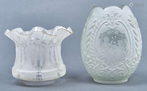 Two oviform or frilled and etched glass oil lampshades, c191...