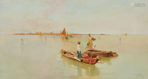 Raffaele Mainella (1858-1907) - Venice; On the Lagoon, a pai...