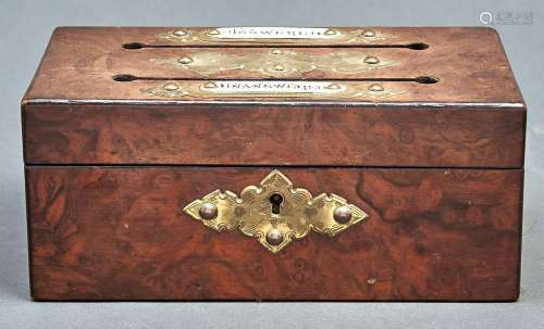 A Victorian walnut veneered letter box, c1870, the hinged fi...